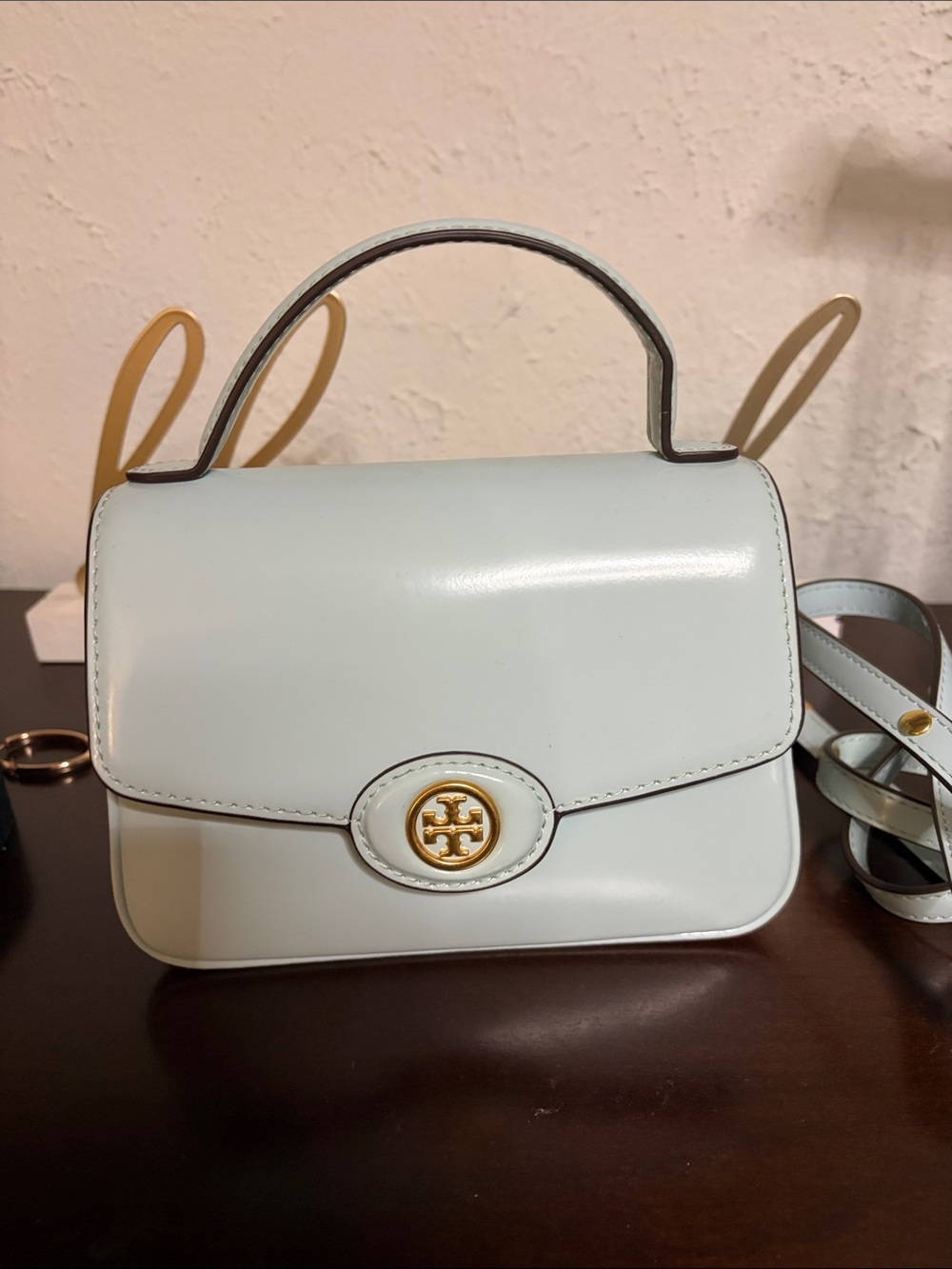 Tory Burch Pale Blue Leather Top-Handle Mini Bag with Gold Logo